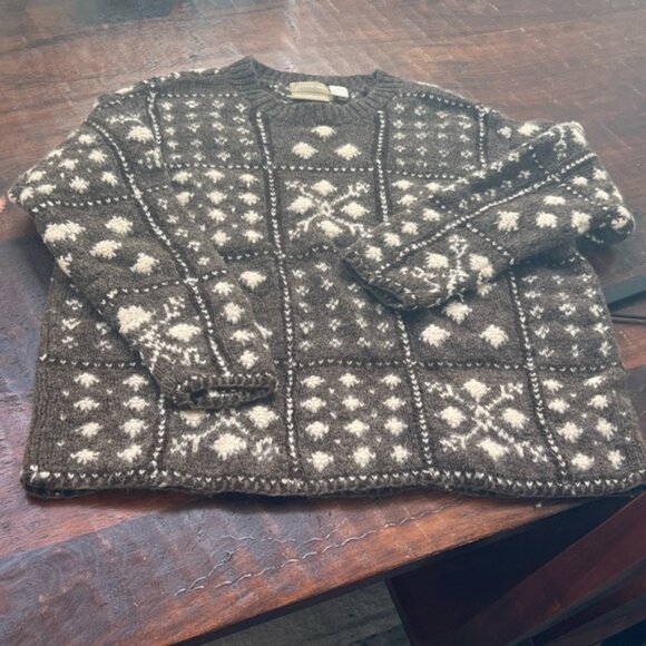LIZ CLAIBORNE 90s Hand-Knitted Shetland Wool Nordic Sweater Brown Cream L - Picture 5 of 9